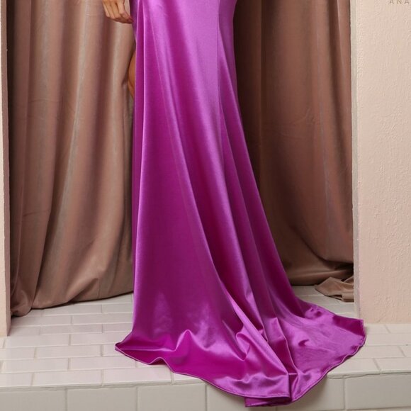 MAGENTA COLOR PROM PARTY EVENING SEXY BUSTIER CORSET SATIN HIGH SLIT DRESS N1047 - Picture 5 of 6